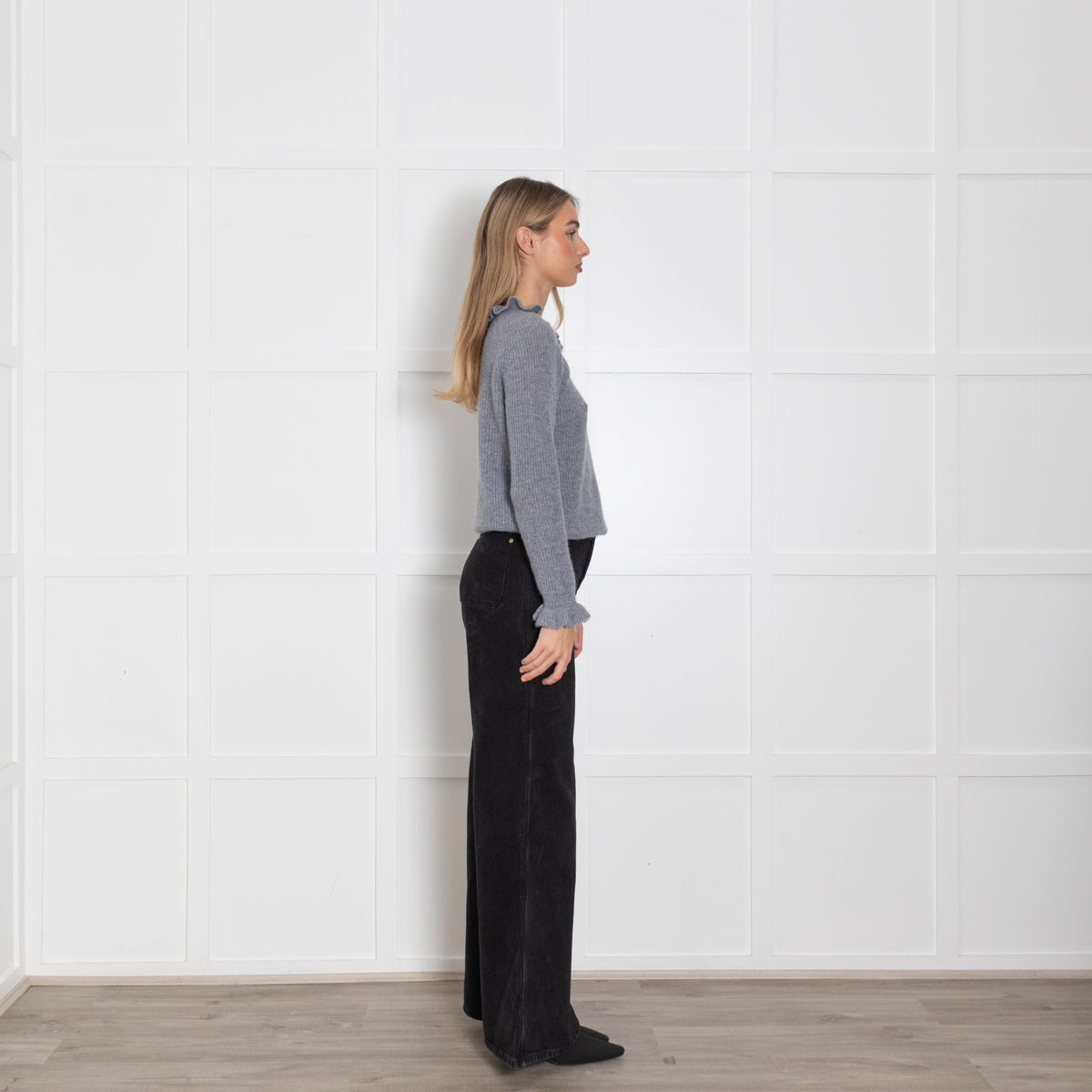 Wyse Grey Silver Lurex Cashmere Blend Frill Detail Jumper