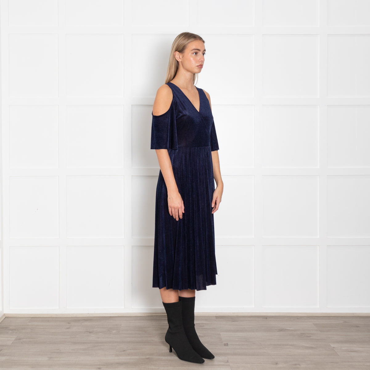 Maje Navy Shimmery Needle Cord Cut Out Shoulder Dress