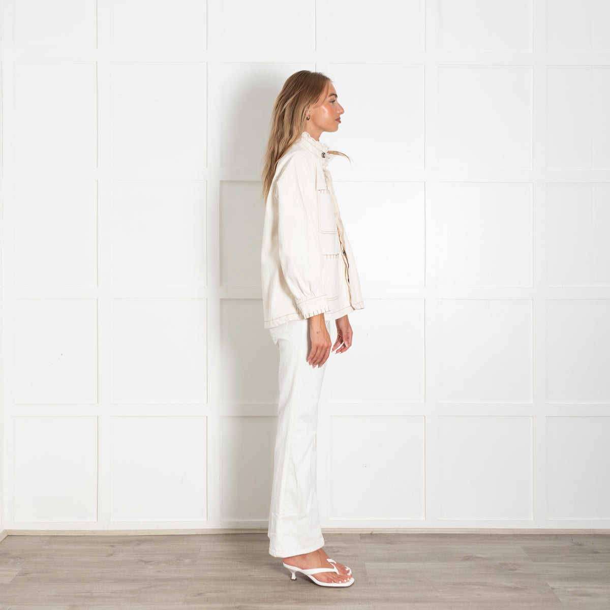 Seventy + Mochi Cream Denim Jacket With Brown Stitching And Frill Collar