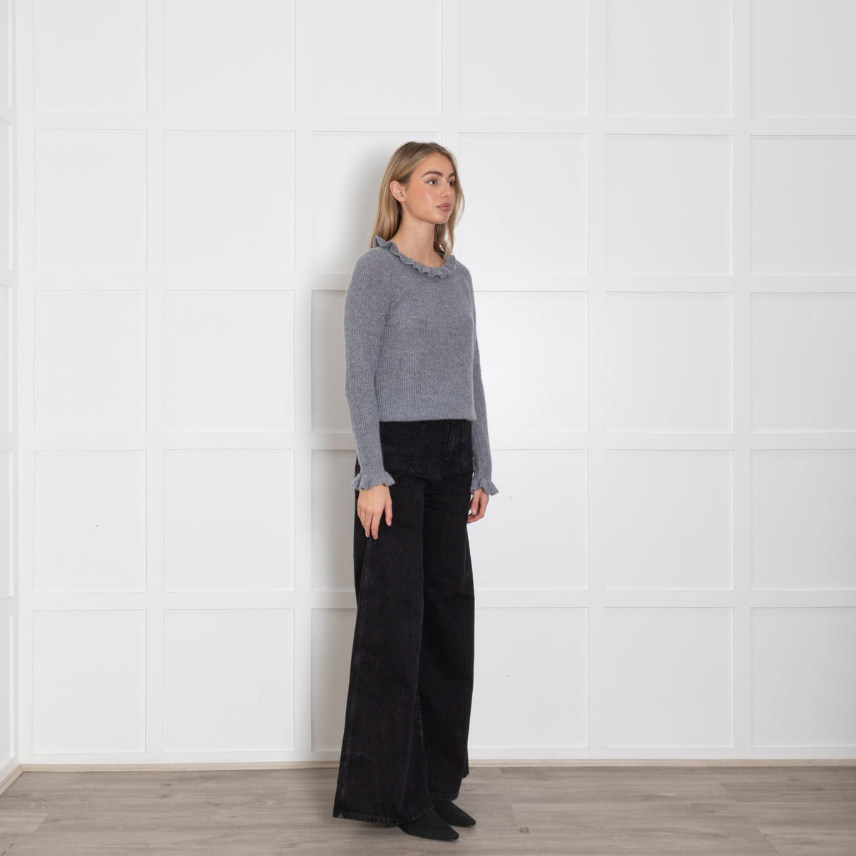 Wyse Grey Silver Lurex Cashmere Blend Frill Detail Jumper