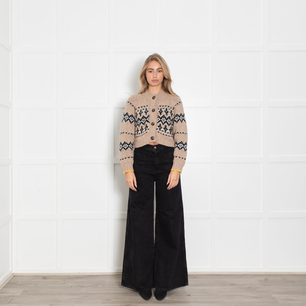 Vanessa Bruno Beige With Grey/Black Pattern Wool Mix Crop Cardigan