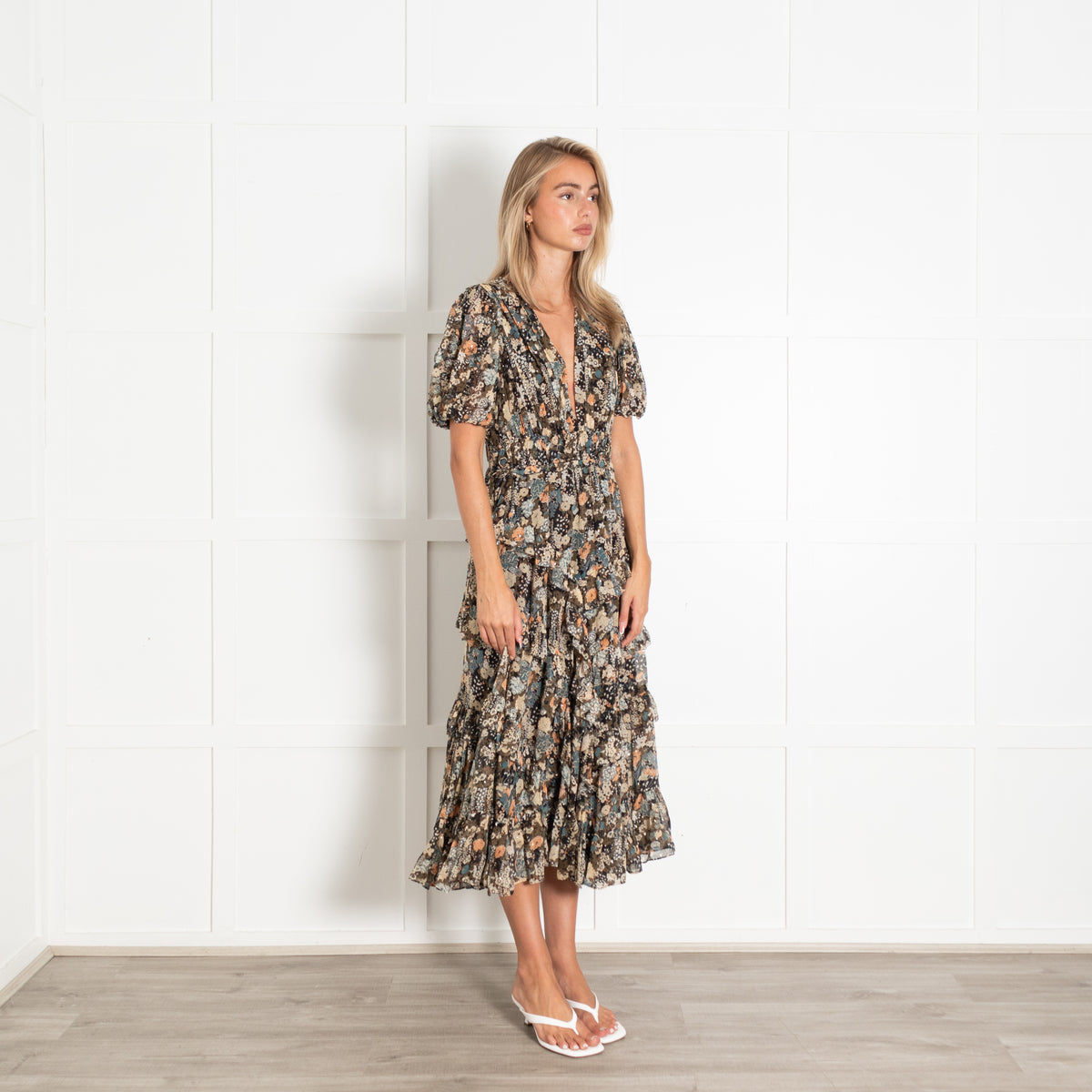 Ulla Johnson Black Beige Khaki Floral Gold Lurex Silk Blend Dress
