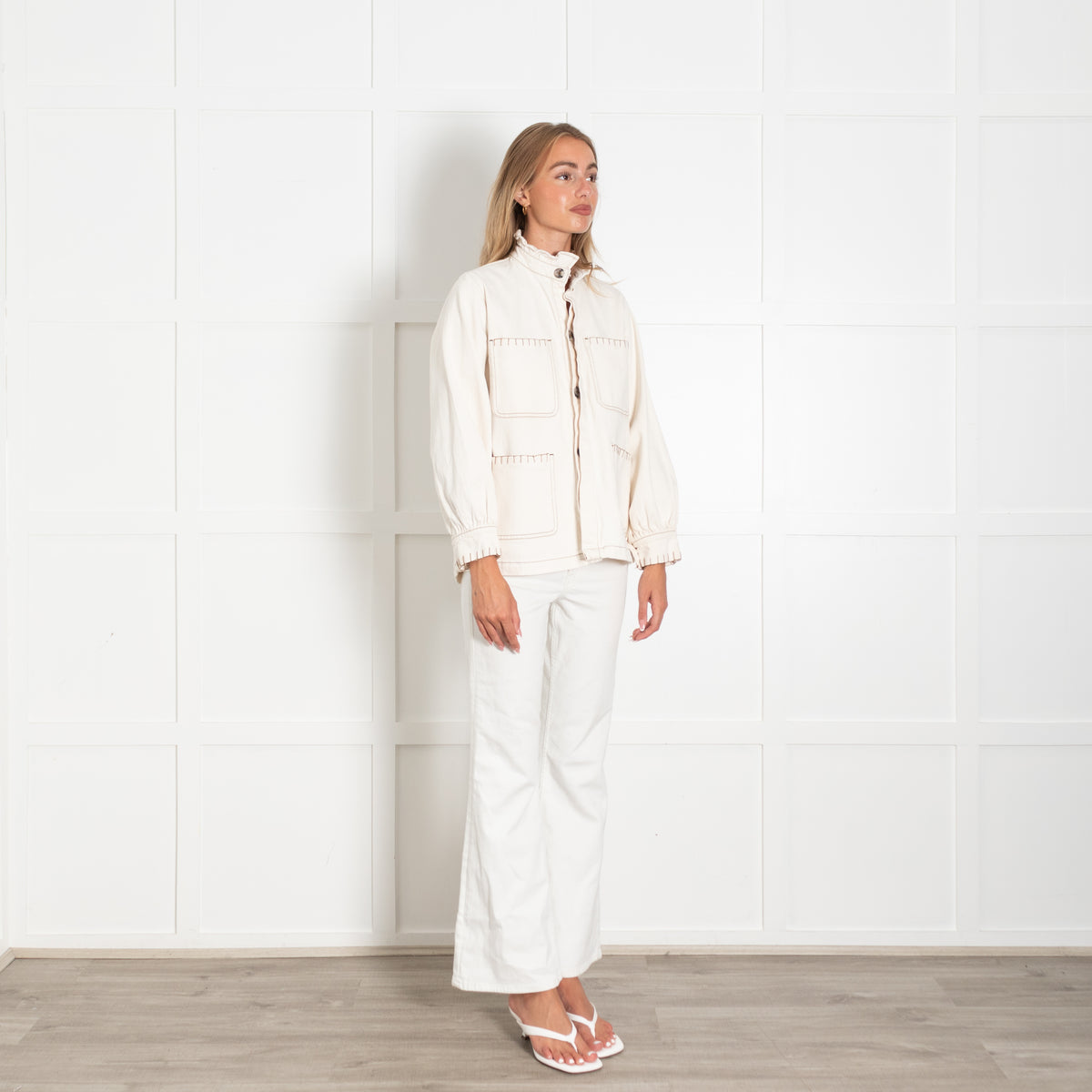 Seventy + Mochi Cream Denim Jacket With Brown Stitching And Frill Collar
