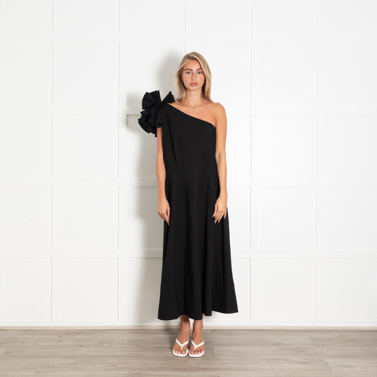 Me+Em Black One Shoulder Ruffle Trim Maxi Dress