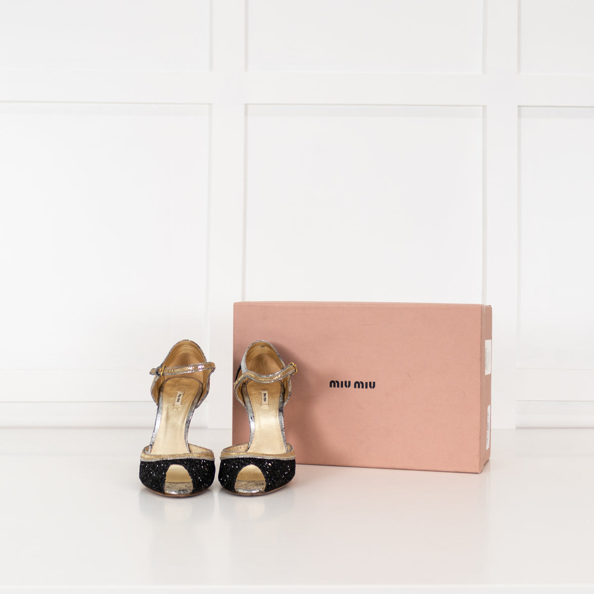 Miu Miu Black Gold Silver Sparkle Peep Toe Heels