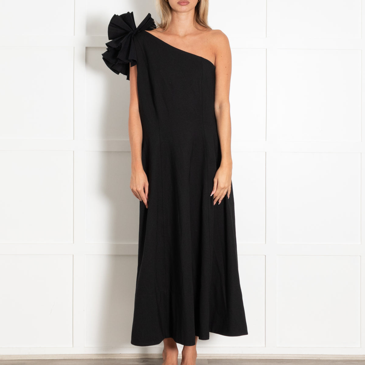 Me+Em Black One Shoulder Ruffle Trim Maxi Dress