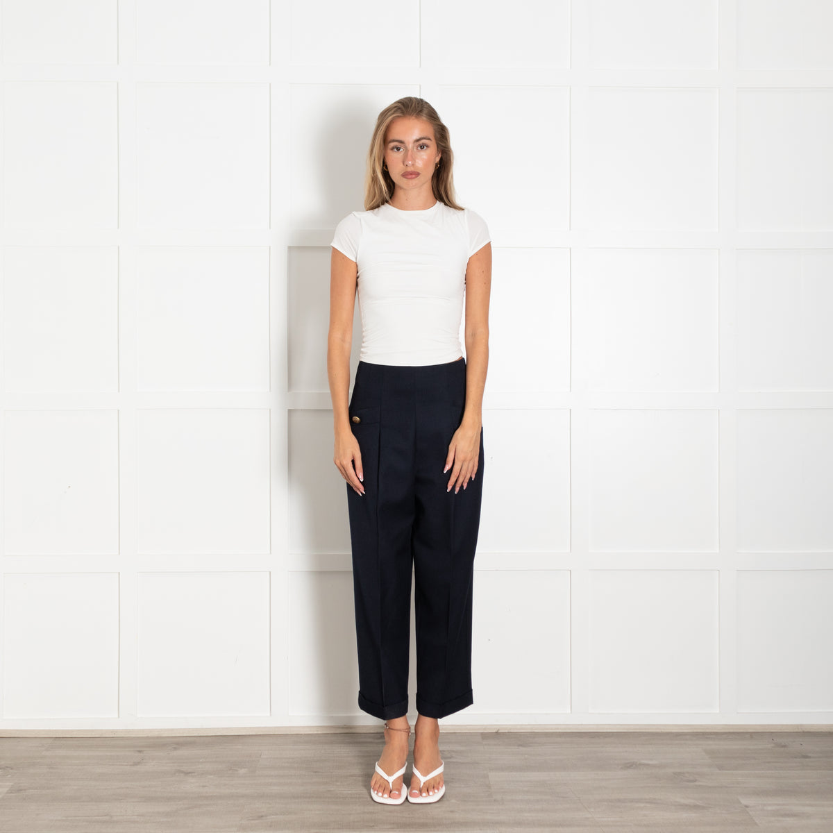 Sandro Navy Blue High Waisted Gold Button Detail Trousers