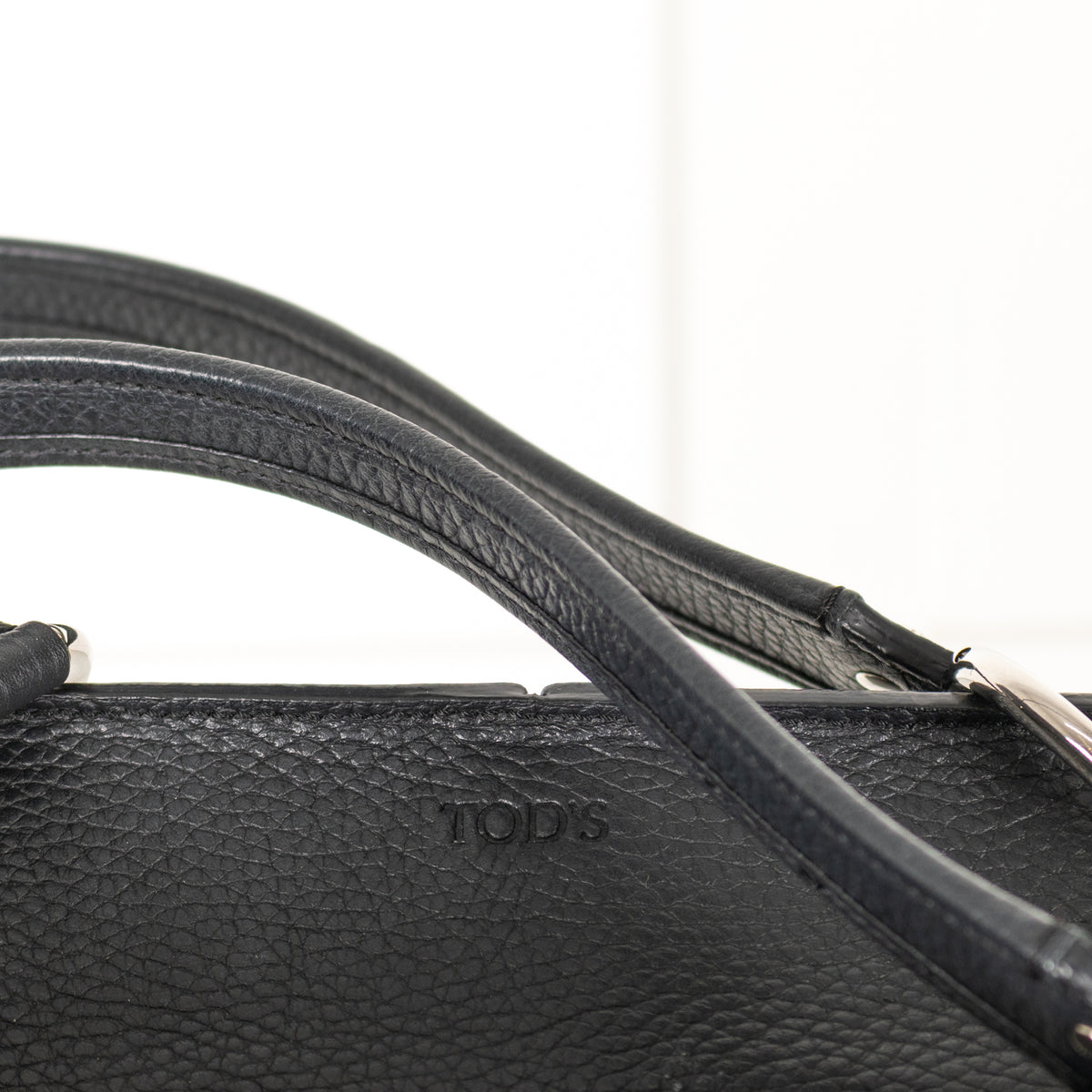 Tod's Black Pebble Leather Tote with Silver Pendant