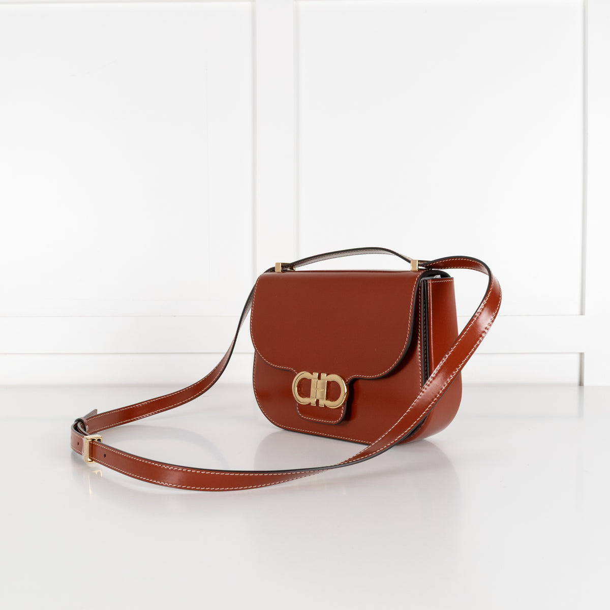 Salvatore Ferragamo Dark Cognac Double Gancini North-South Crossbody Bag