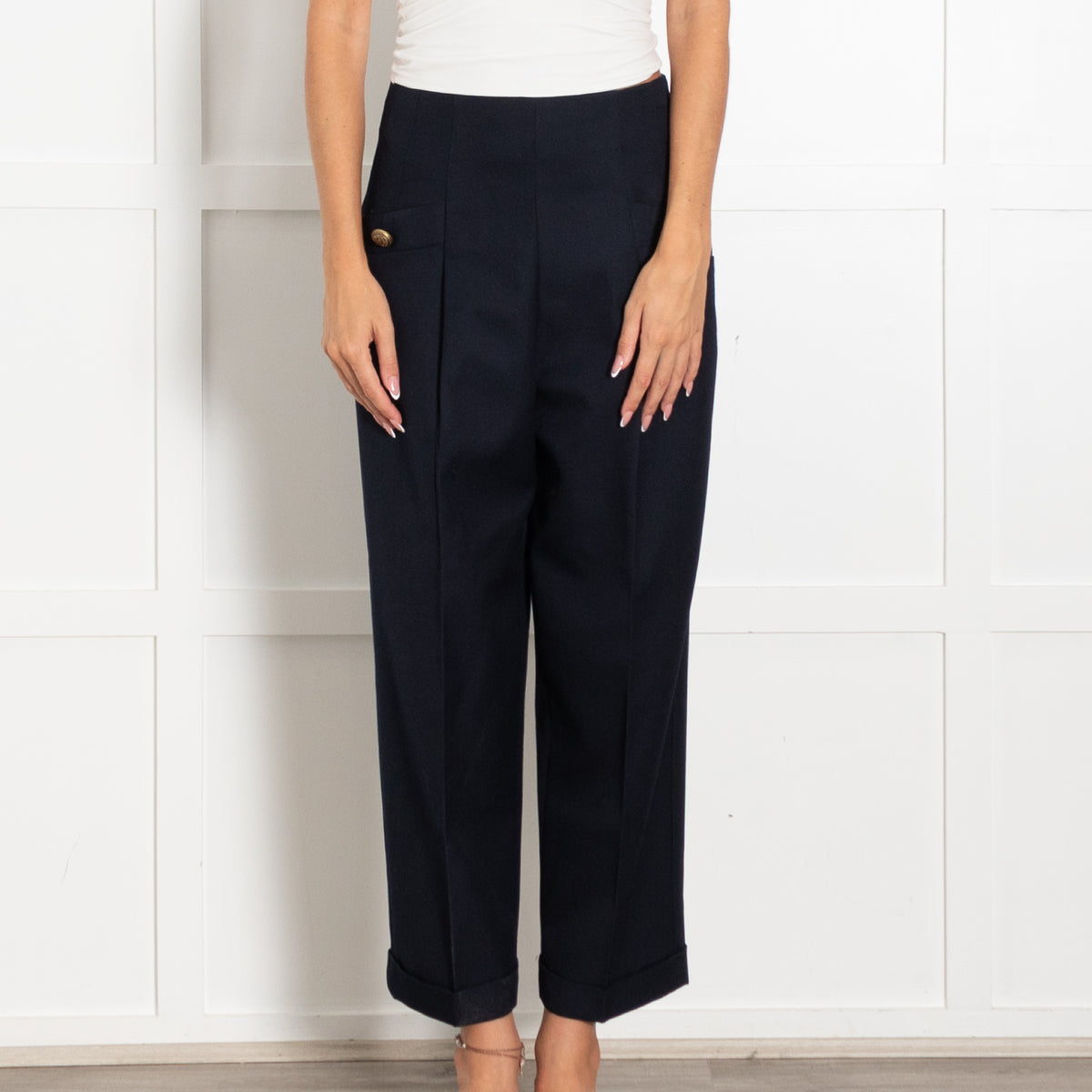 Sandro Navy Blue High Waisted Gold Button Detail Trousers