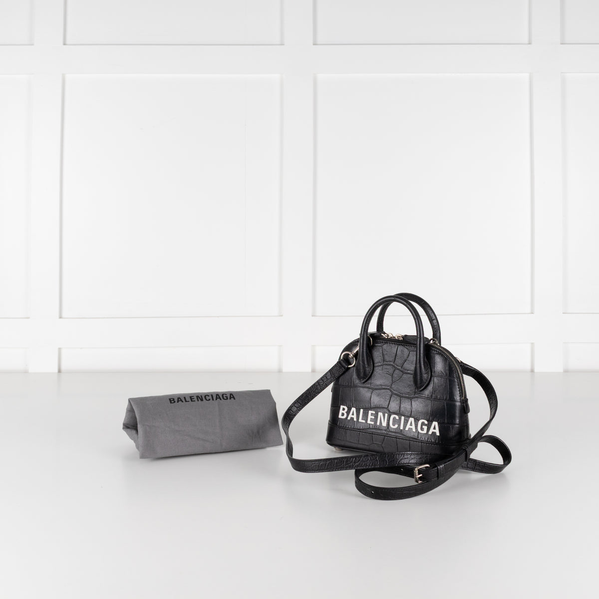 Balenciaga Black XXS Ville Croc Embossed Bag with Removable Shoulder Strap