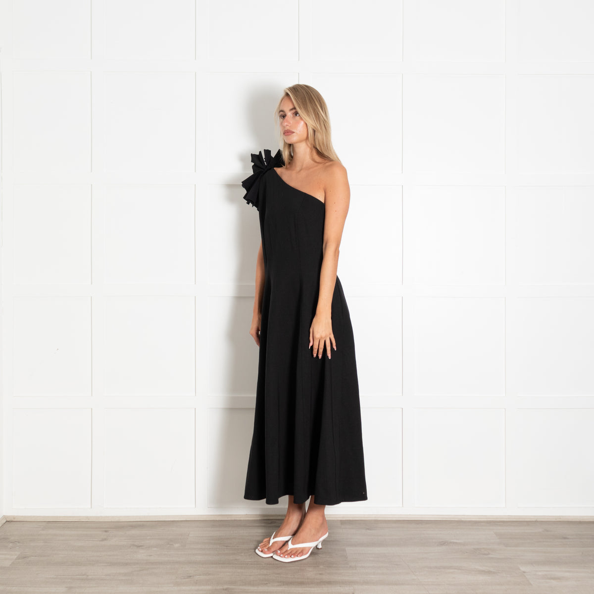 Me+Em Black One Shoulder Ruffle Trim Maxi Dress