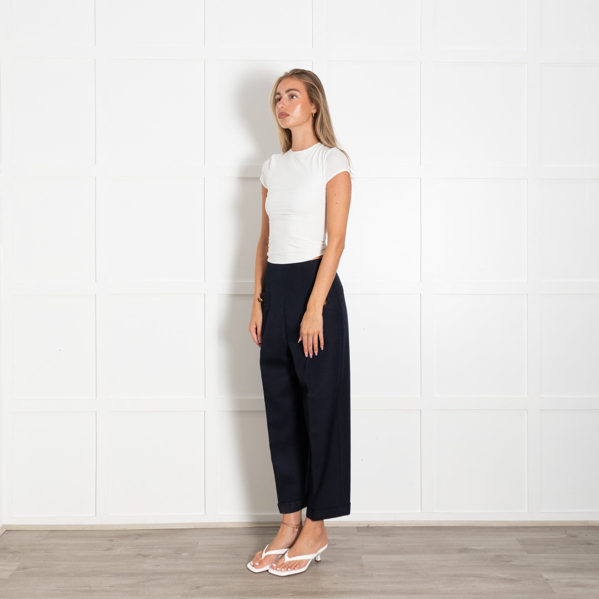 Sandro Navy Blue High Waisted Gold Button Detail Trousers