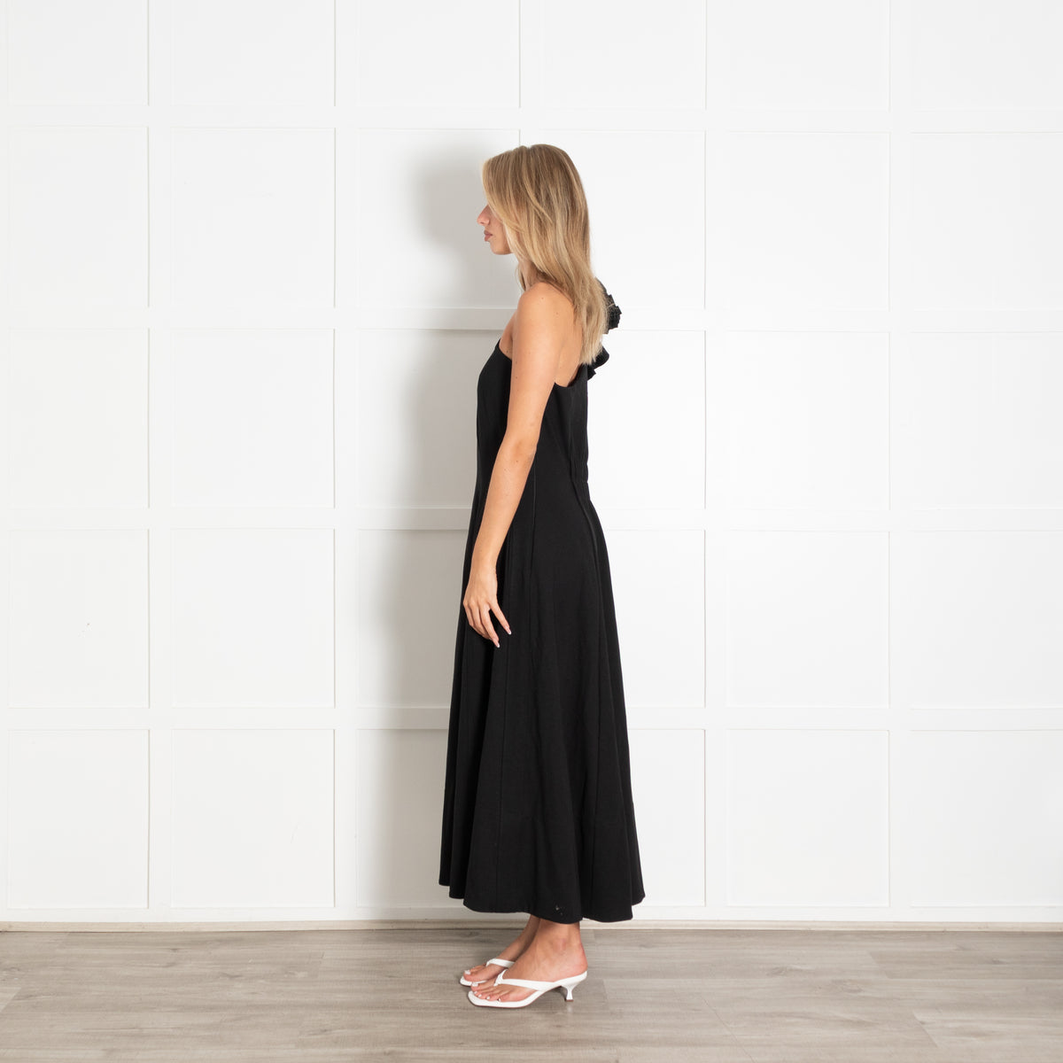 Me+Em Black One Shoulder Ruffle Trim Maxi Dress