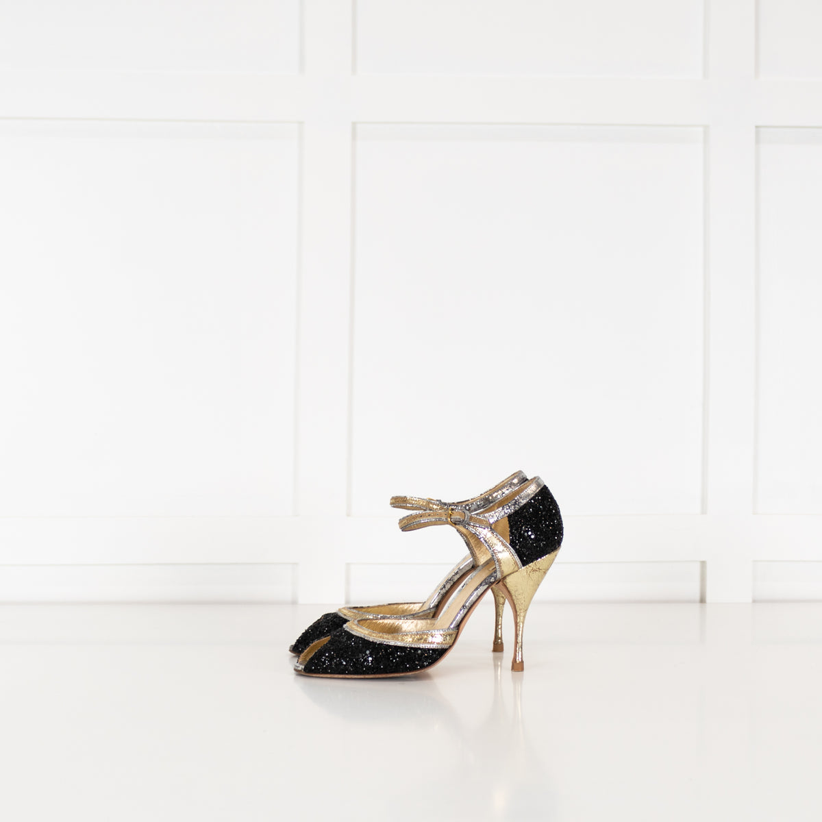 Miu Miu Black Gold Silver Sparkle Peep Toe Heels