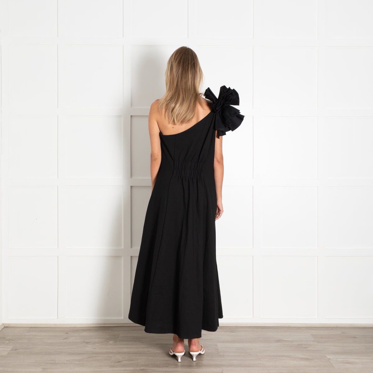 Me+Em Black One Shoulder Ruffle Trim Maxi Dress