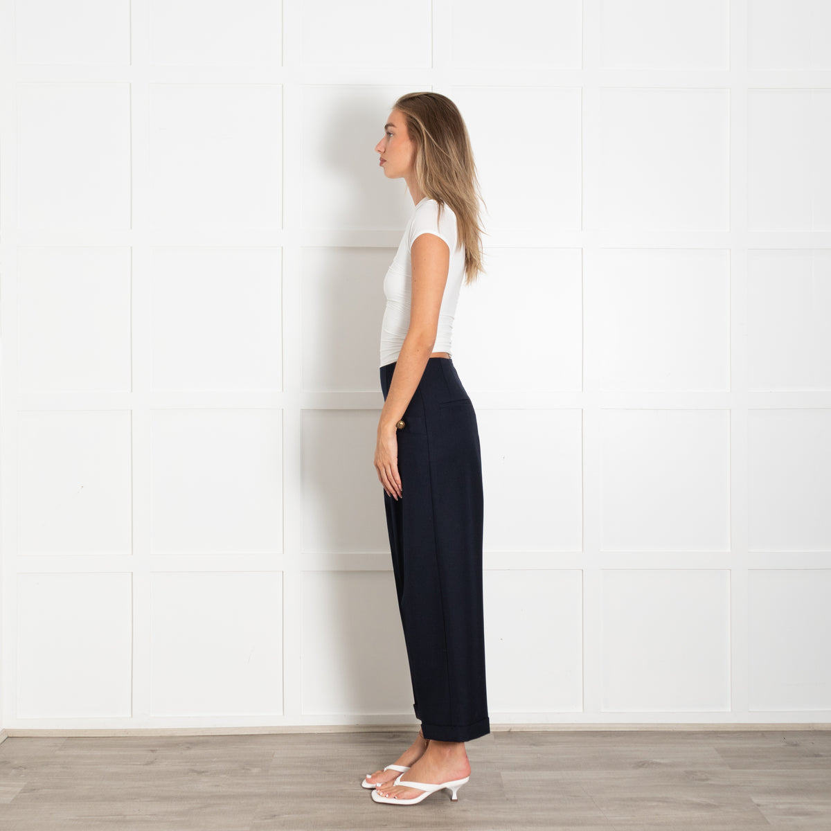 Sandro Navy Blue High Waisted Gold Button Detail Trousers
