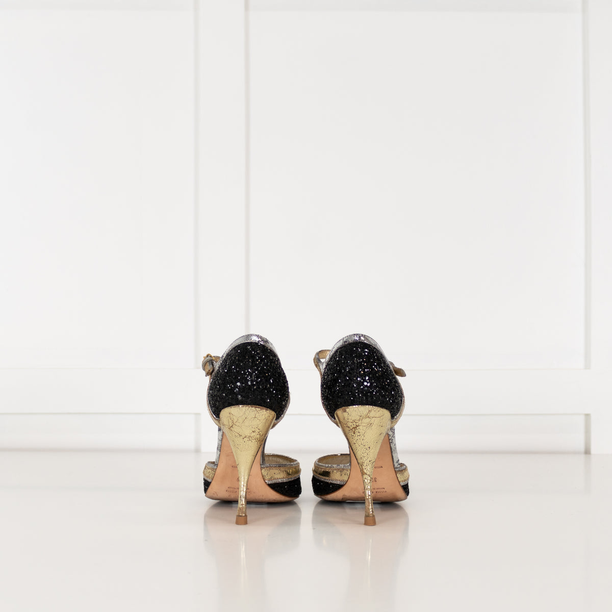 Miu Miu Black Gold Silver Sparkle Peep Toe Heels