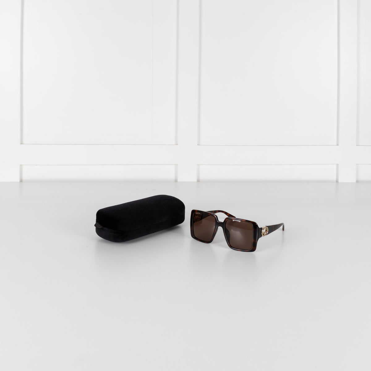 Gucci Tortoishell Square Frame Logo Arm Sunglasses