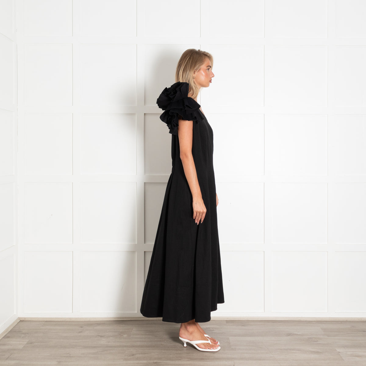 Me+Em Black One Shoulder Ruffle Trim Maxi Dress