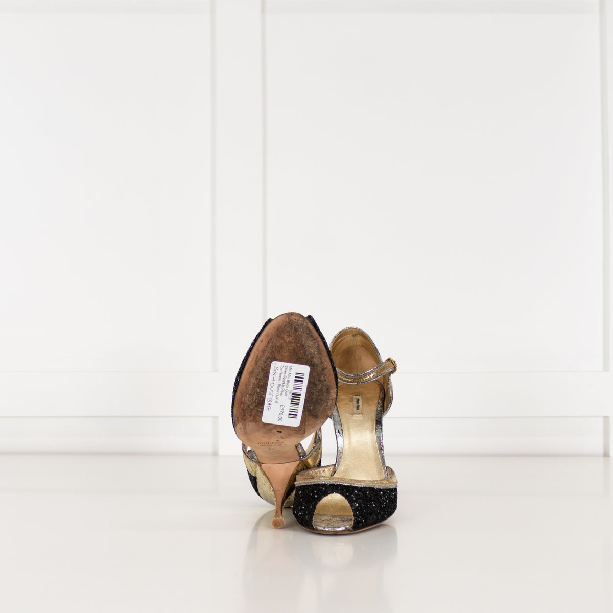 Miu Miu Black Gold Silver Sparkle Peep Toe Heels