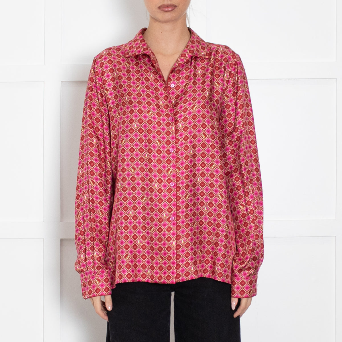 Max Mara Silk Pink & Orange Logo Printed Blouse With Small Animal Motifs
