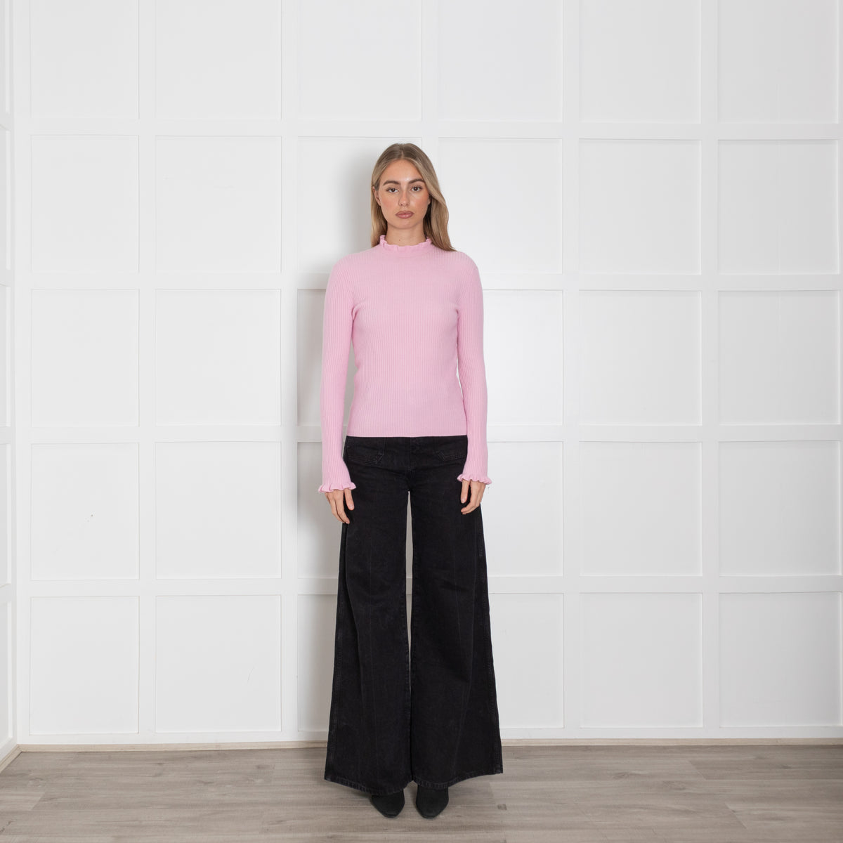 Maje Sugar Pink Ruffle Trim Ribbed Fitted Jumper