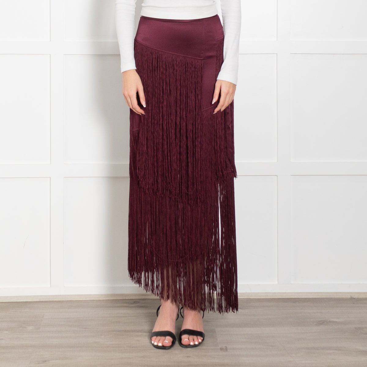 Tamara Mellon Burgundy Silk Fringed Midi Skirt