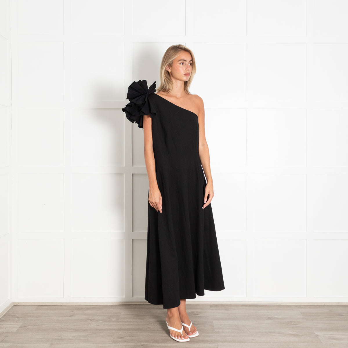 Me+Em Black One Shoulder Ruffle Trim Maxi Dress