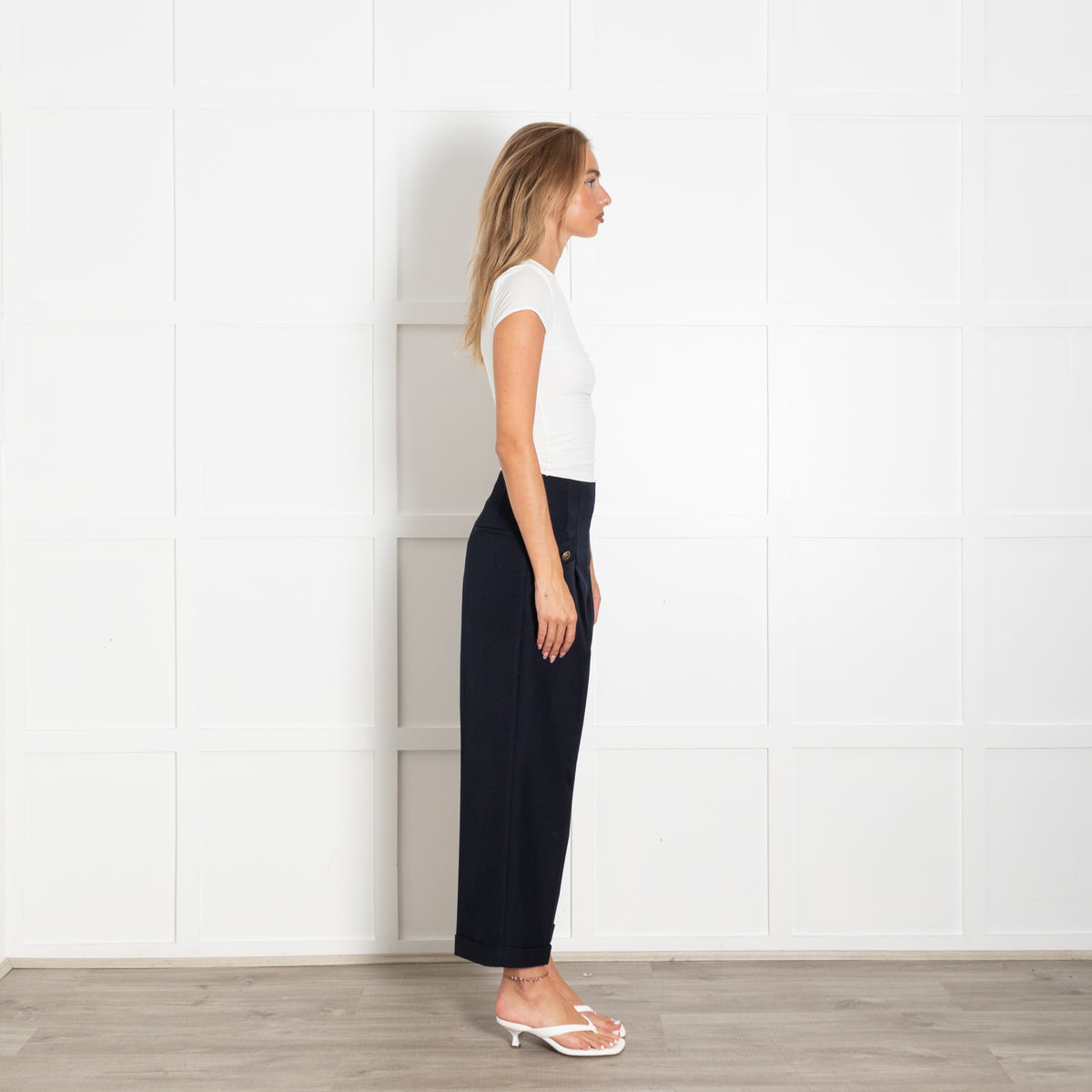 Sandro Navy Blue High Waisted Gold Button Detail Trousers