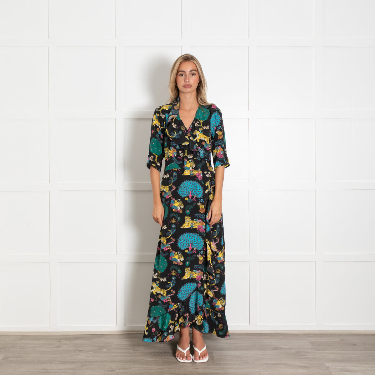 Stardust Black With Vibrant Tiger Floral Print Longsleeve Wrap Dress