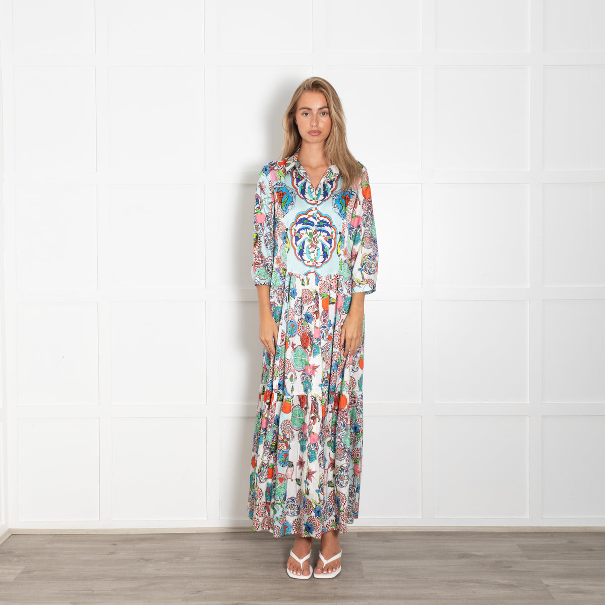 J R F Blue Multi Floral Front Button Silk Maxi Dress
