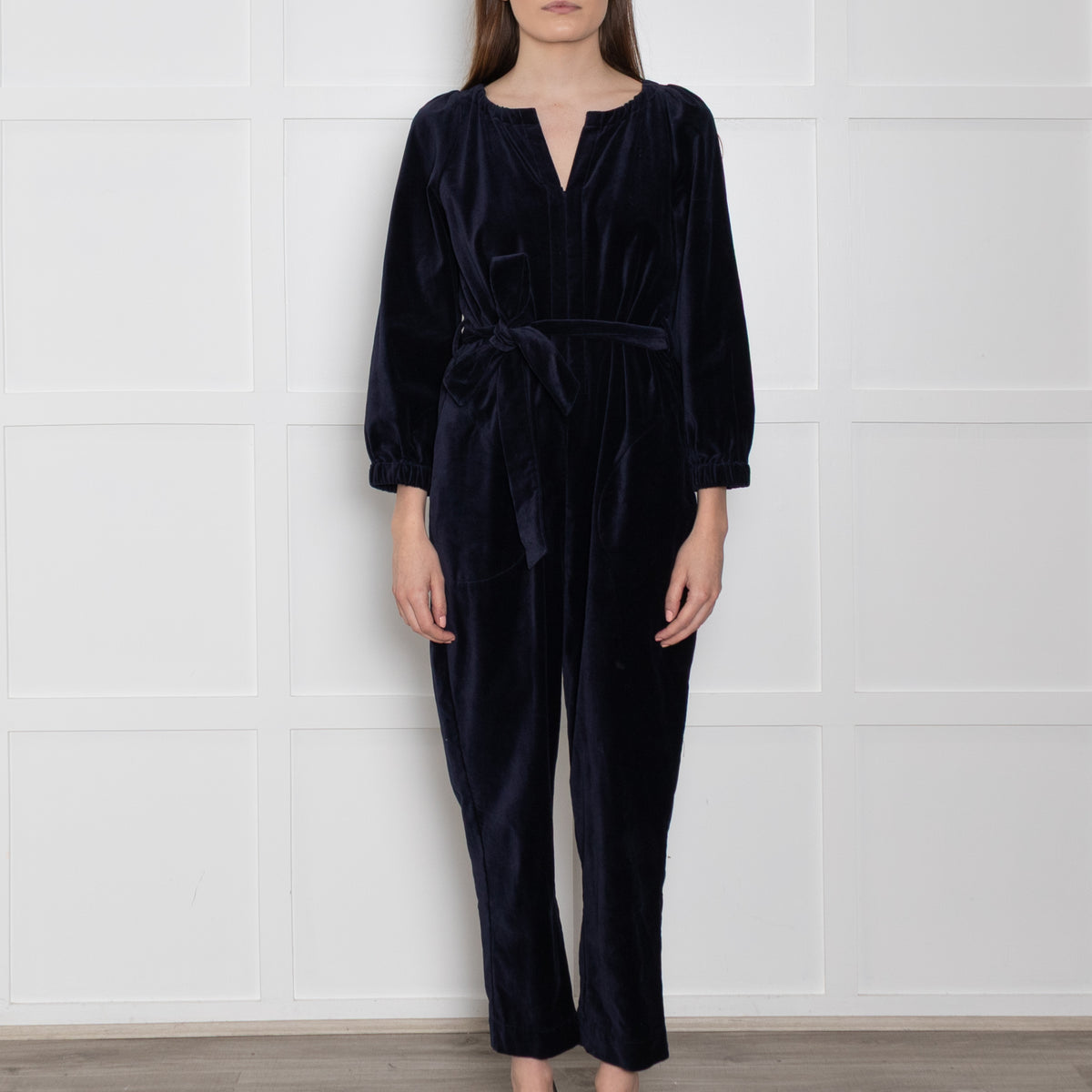 Wyse Navy Velvet Button Up Jumpsuit