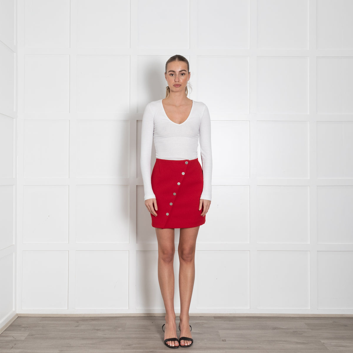 Maje Red Short Skirt With Silver Buttons