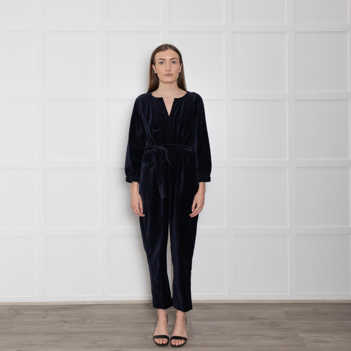 Wyse Navy Velvet Button Up Jumpsuit