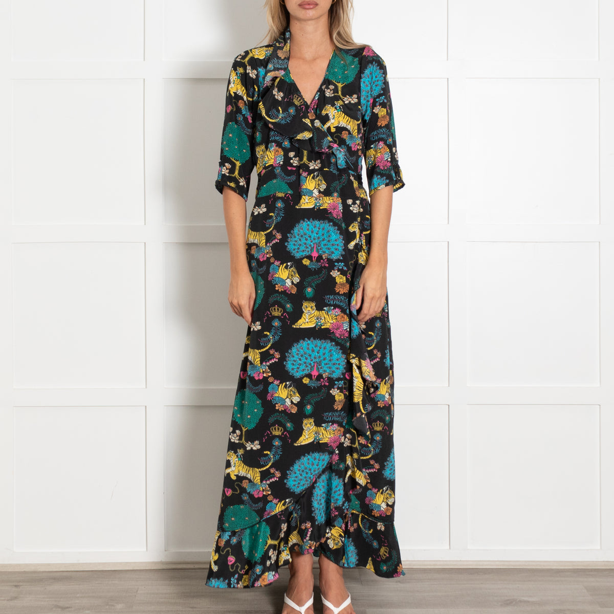 Stardust Black With Vibrant Tiger Floral Print Longsleeve Wrap Dress