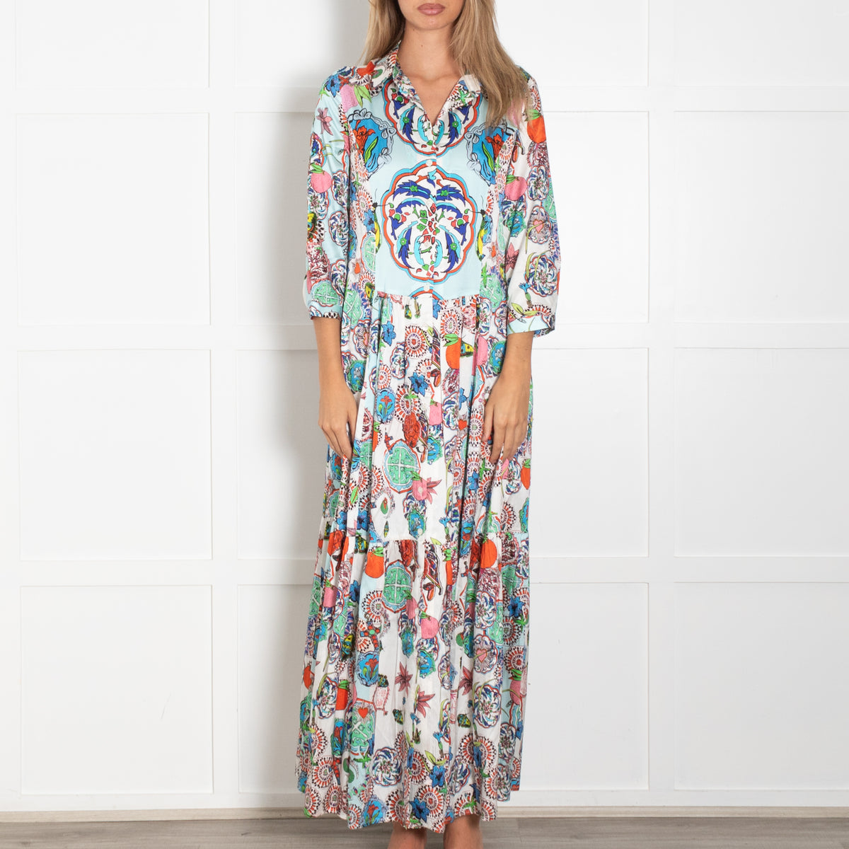 J R F Blue Multi Floral Front Button Silk Maxi Dress