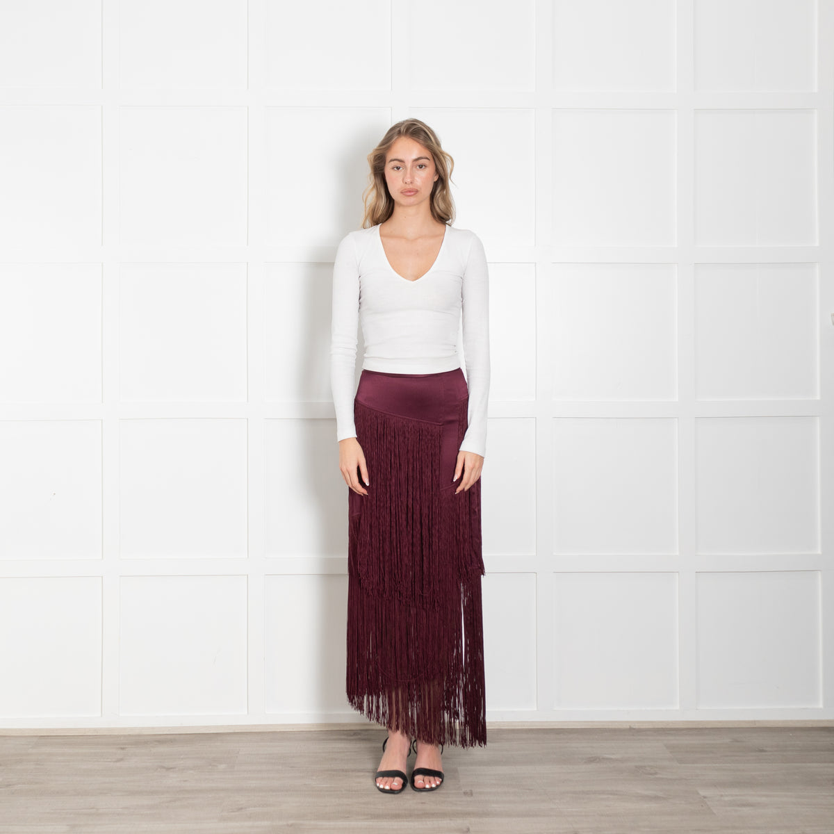 Tamara Mellon Burgundy Silk Fringed Midi Skirt