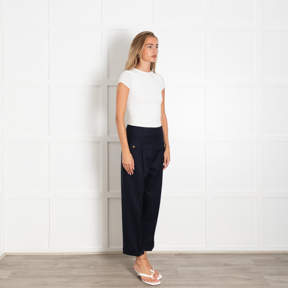 Sandro Navy Blue High Waisted Gold Button Detail Trousers