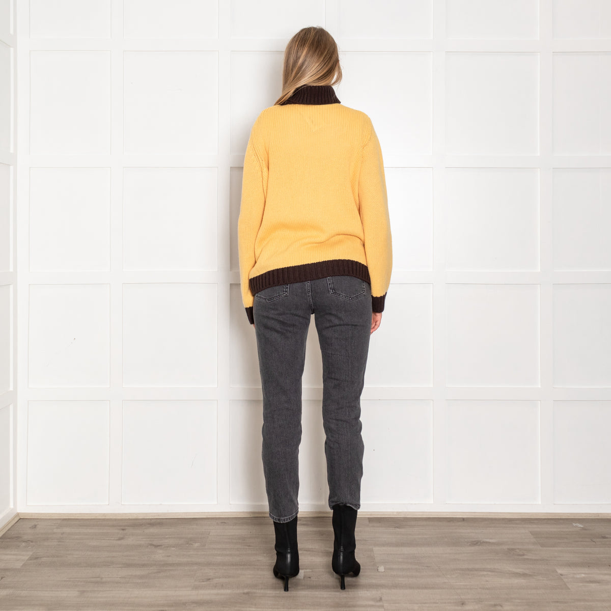 Prada Yellow Brown Trim Logo Cashmere Roll Neck Jumper