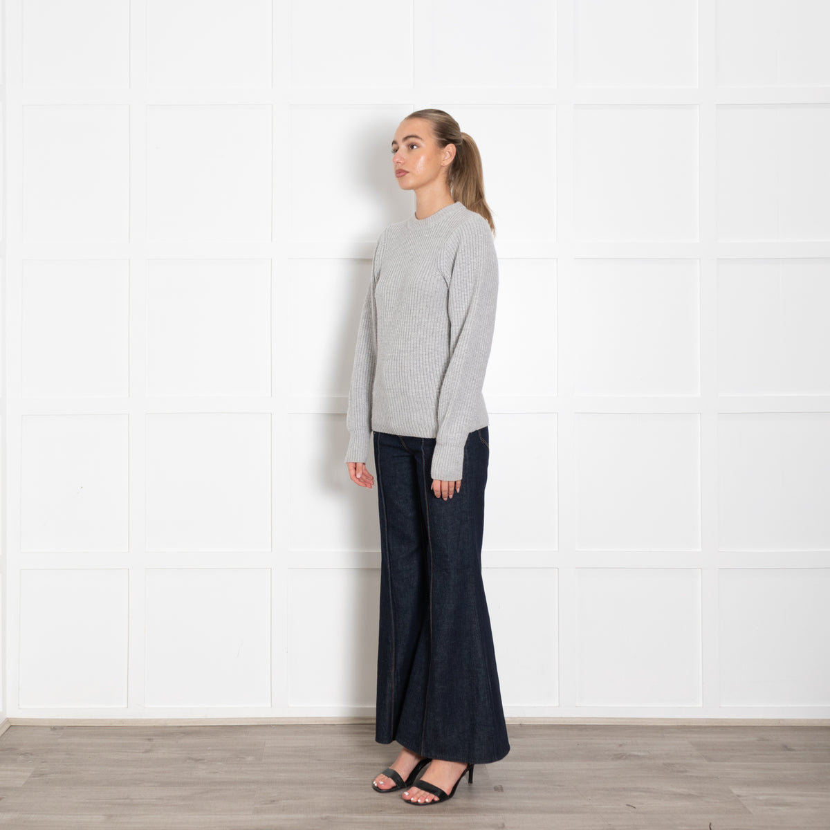 Joseph Grey Ribbed Round Neck Cashmere Wool Mix Jumper