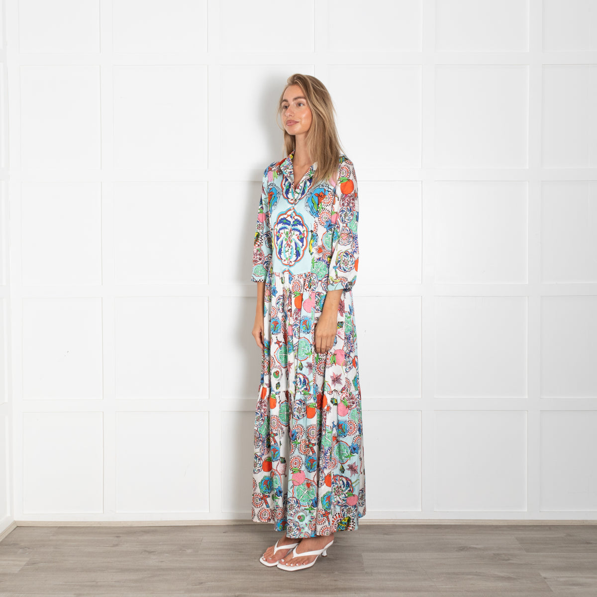 J R F Blue Multi Floral Front Button Silk Maxi Dress