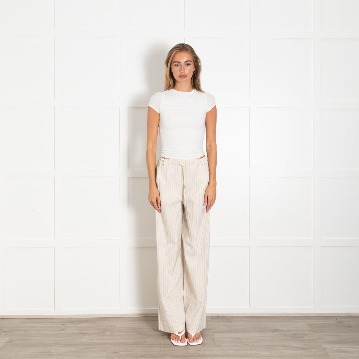 Claudie Pierlot Beige Brown Pin Stripe Draw String Wide Trousers