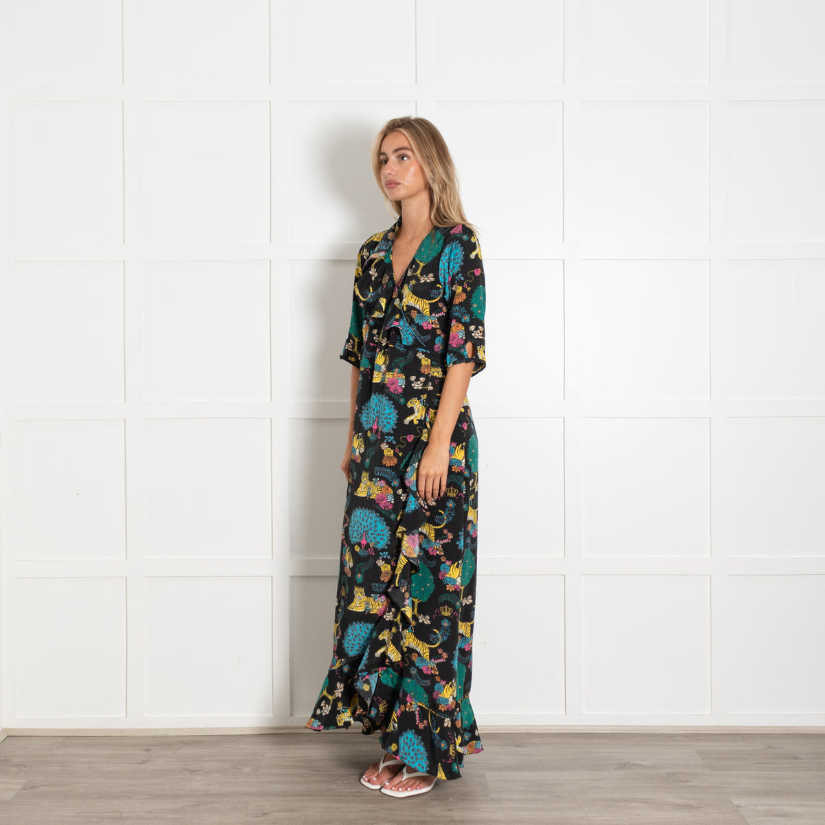 Stardust Black With Vibrant Tiger Floral Print Longsleeve Wrap Dress
