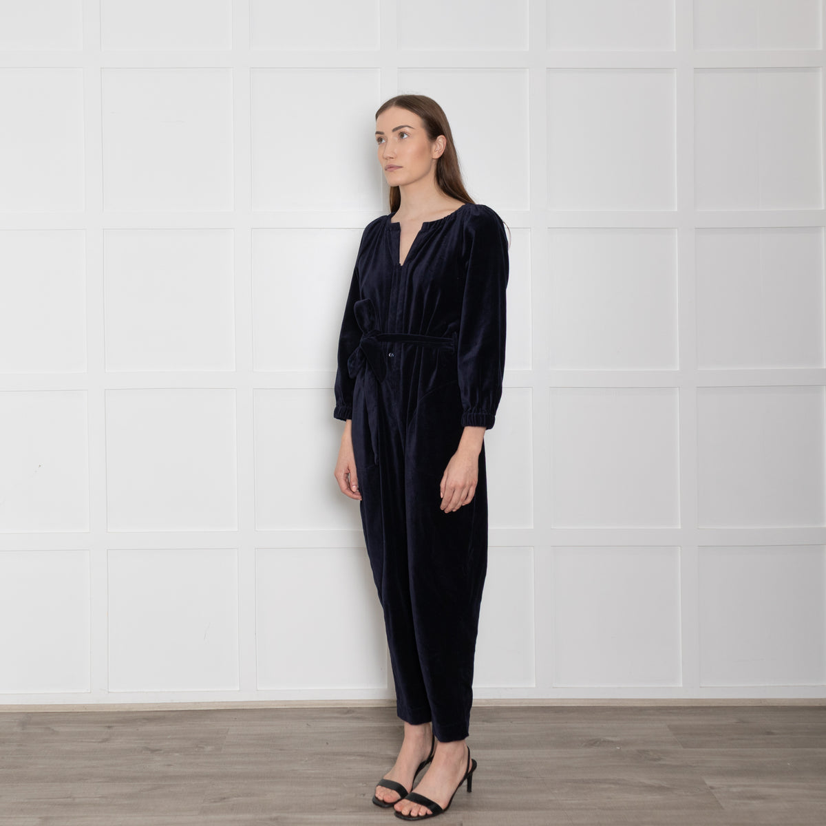 Wyse Navy Velvet Button Up Jumpsuit