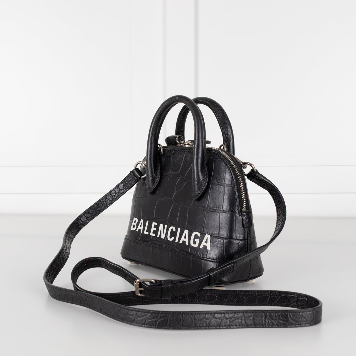 Balenciaga Black XXS Ville Croc Embossed Bag with Removable Shoulder Strap