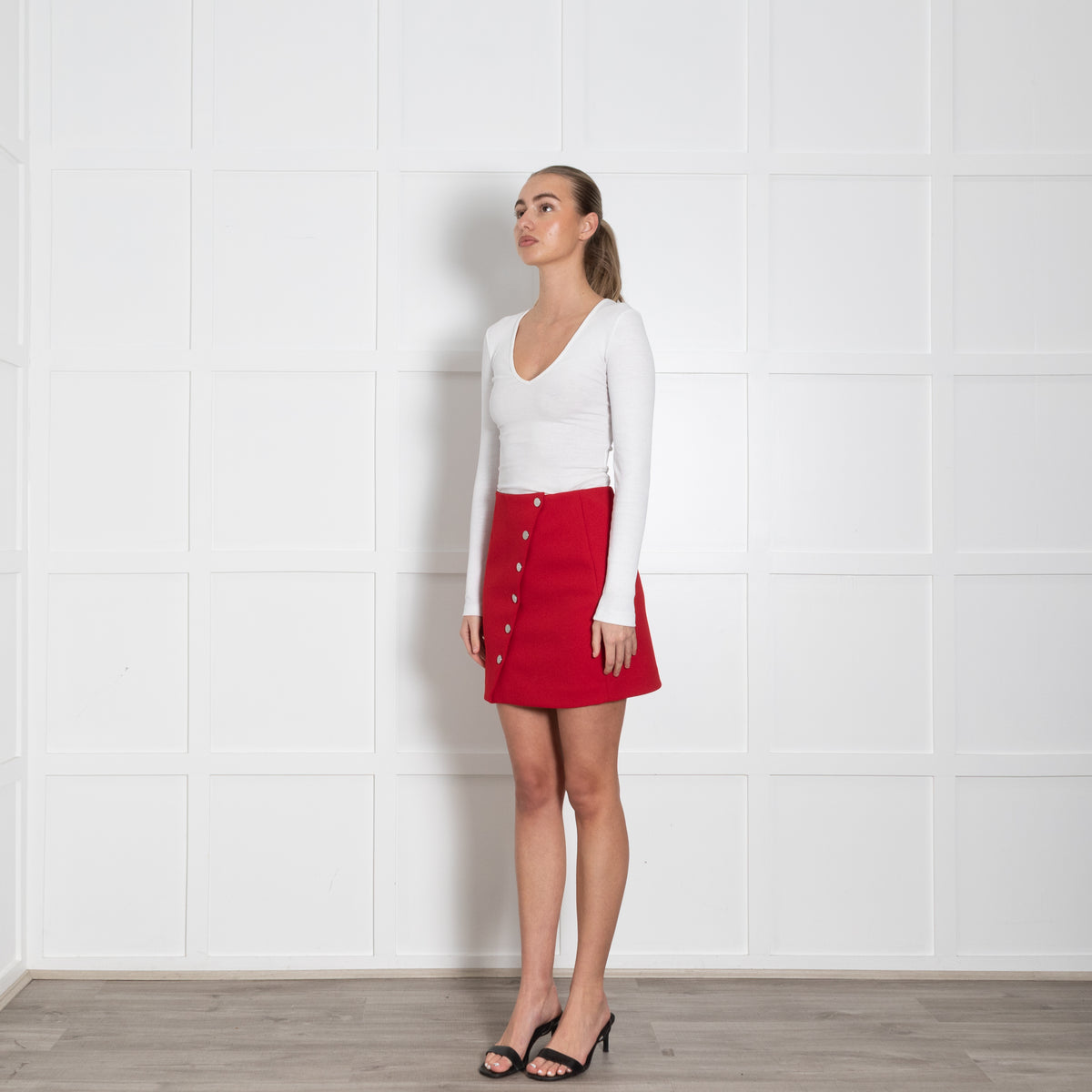 Maje Red Short Skirt With Silver Buttons