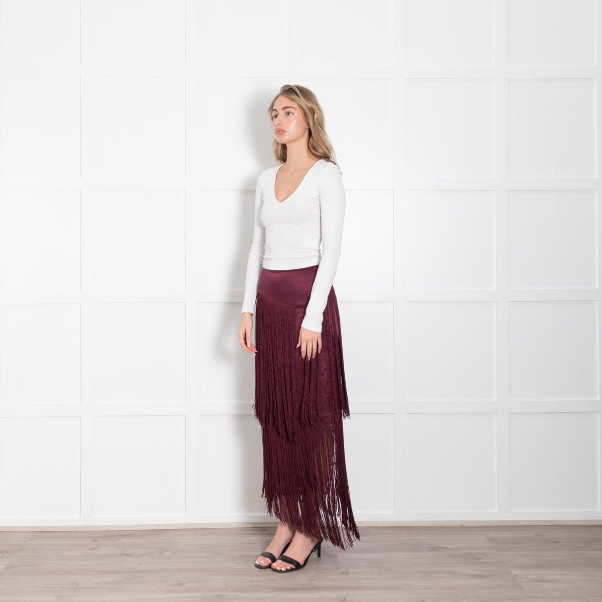Tamara Mellon Burgundy Silk Fringed Midi Skirt