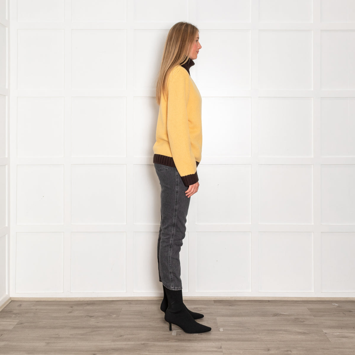 Prada Yellow Brown Trim Logo Cashmere Roll Neck Jumper