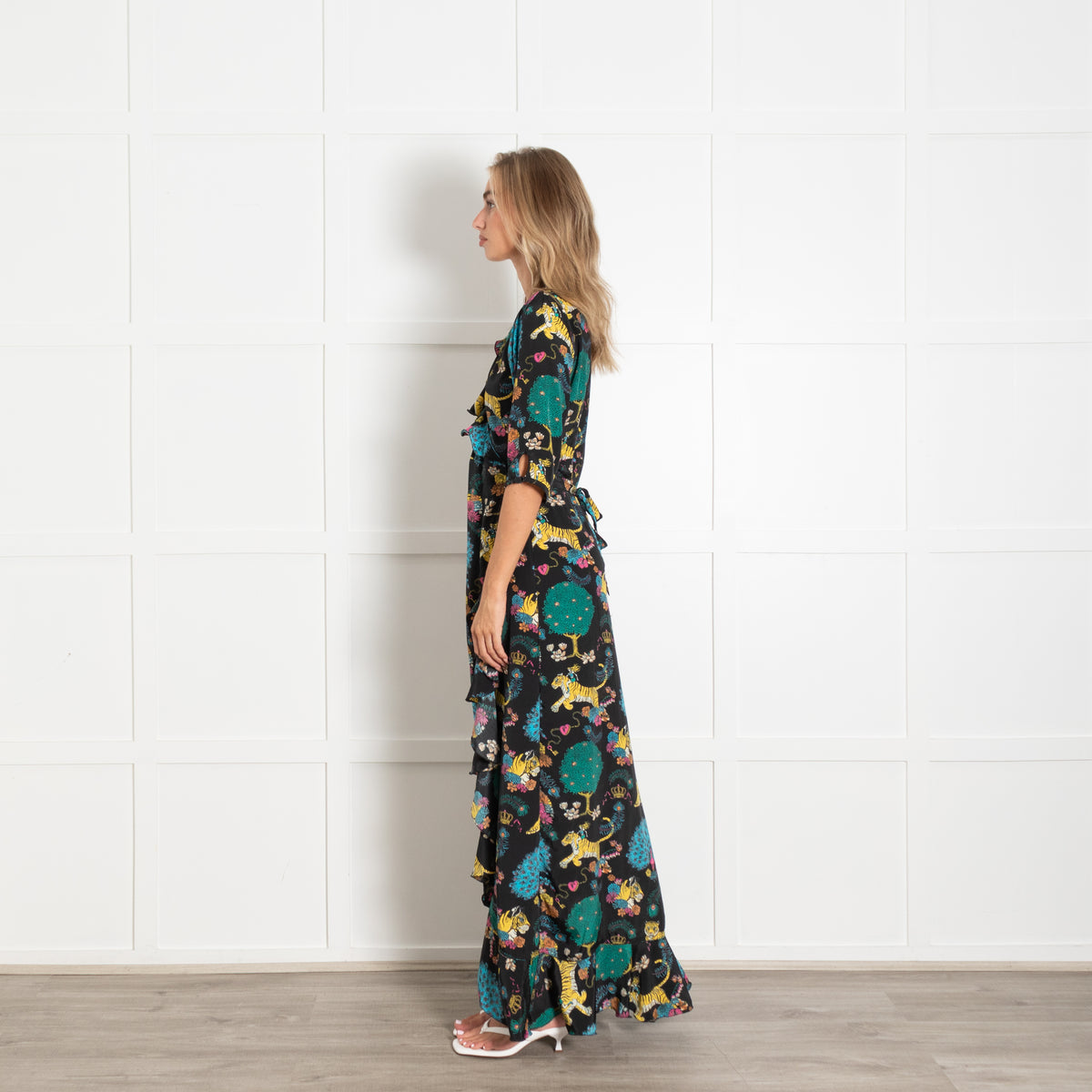 Stardust Black With Vibrant Tiger Floral Print Longsleeve Wrap Dress